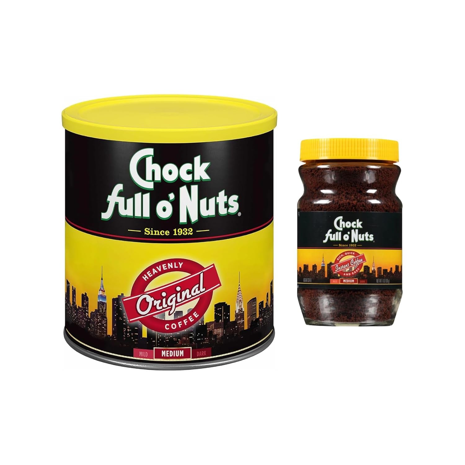 Chock Full O'Nuts Coffee Variety Pack - Heavenly Original Ground Coffee - Medium Roast (30.5 Oz Can) & Regular Instant Coffee (7Oz)