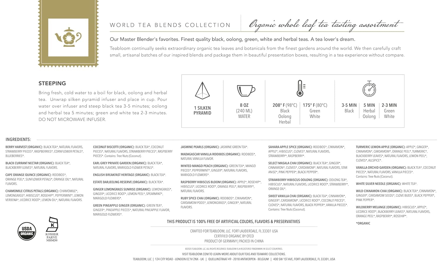 - World'S Finest Pyramid Tea Collection, 24 Varieties of USDA Certified Organic & Kosher Teas - Black Tea, Green Tea, White Tea, Oolong Tea, and Herbal/Fruit Tea Blends