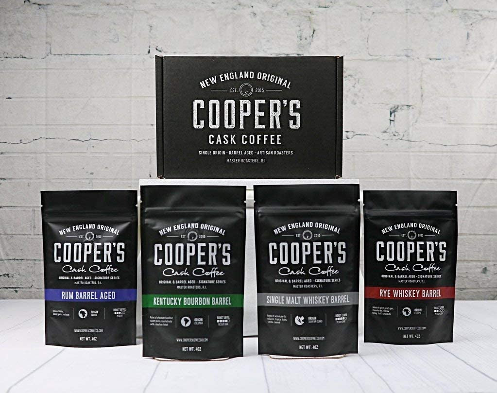 Bourbon & Whiskey Barrel Aged Coffee - Ground - 4 Bag Coffee Set - 4Oz and Single Origin Ethiopian Ground Coffee - 12 Oz