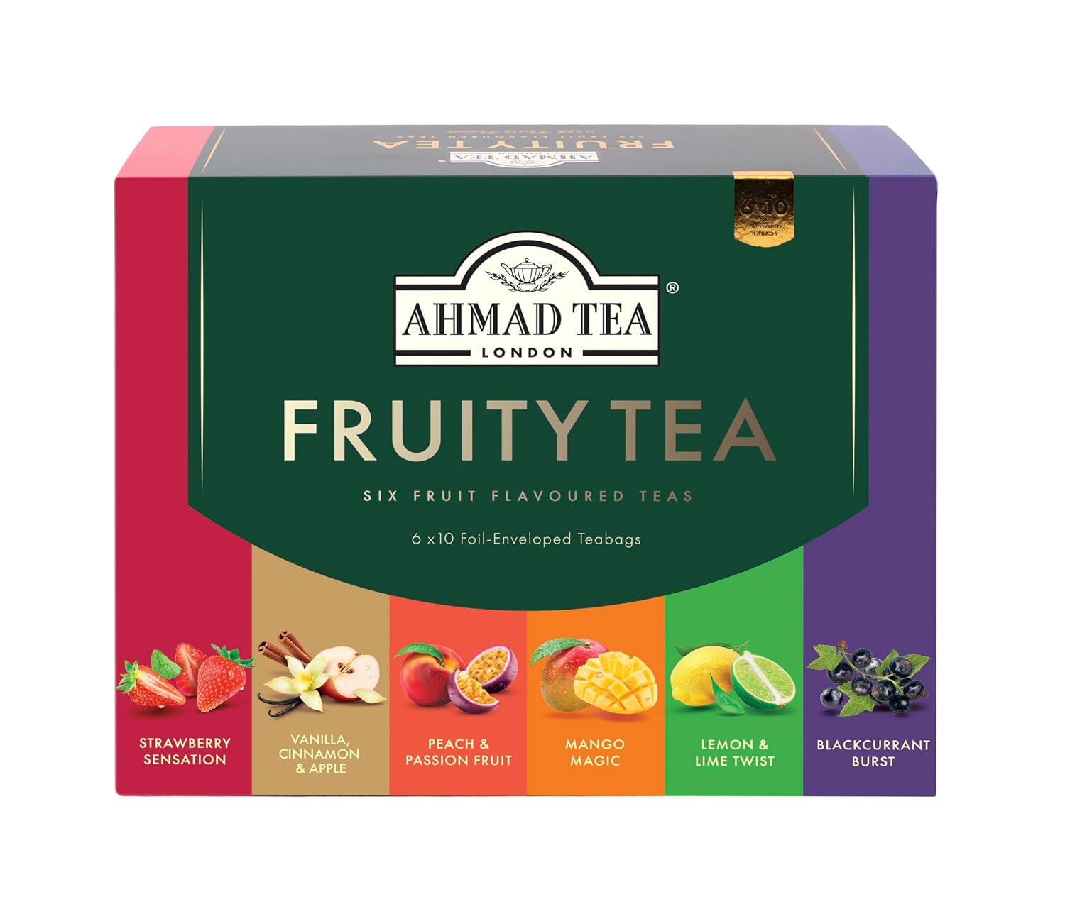 Black & Green Tea, Fruitytea Assorted Sampler Variety Gift Box, 60 Foil Teabags - Caffeinated & Sugar-Free