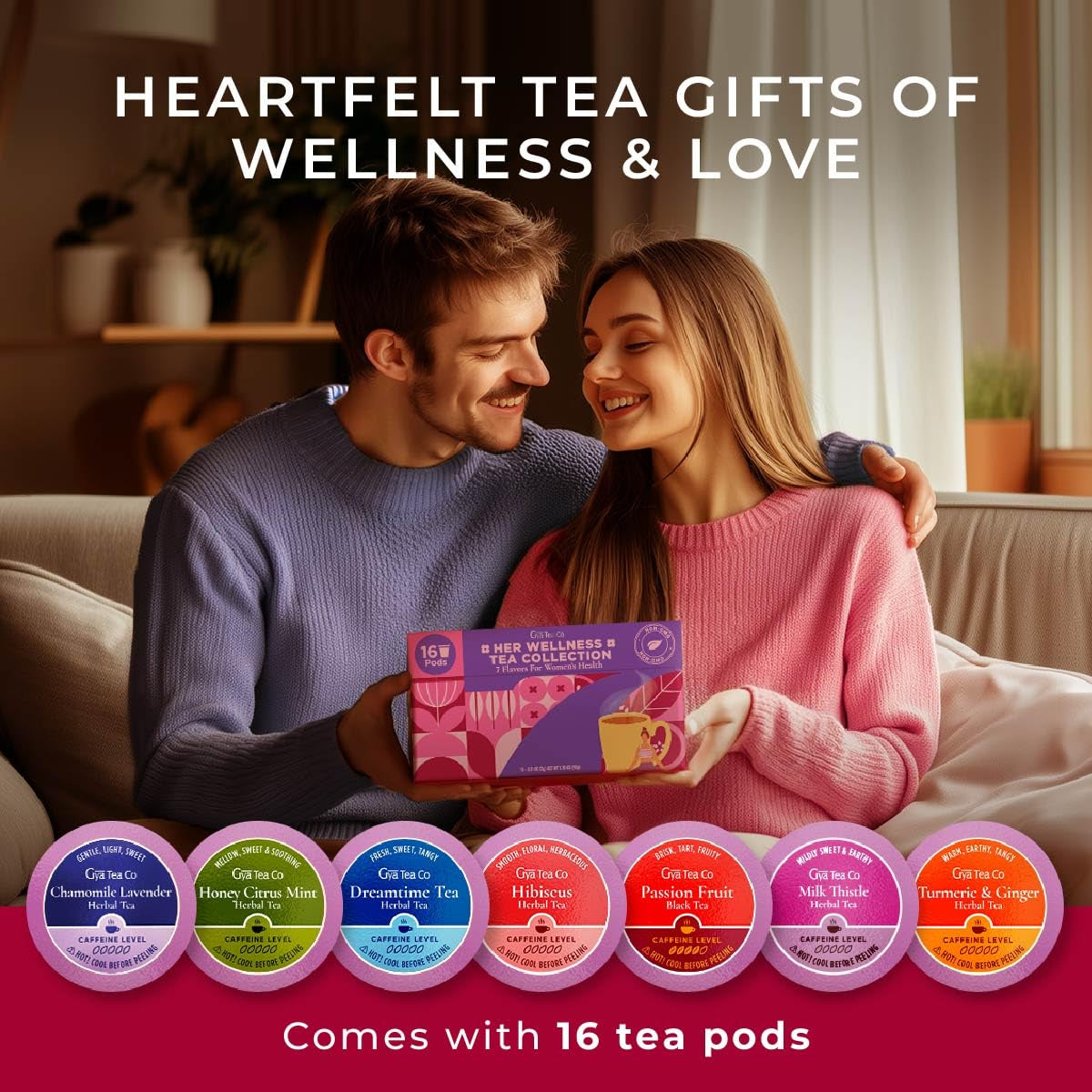 Her Wellness Tea Pod Gift Set (16 Count) - 7 Flavors Assorted Variety Pack | Chamomile Lavender, Citrus Mint, Turmeric Ginger, Hibiscus, Milk Thistle, Dreamtime, Passion Fruit, for Women, Non-Gmo