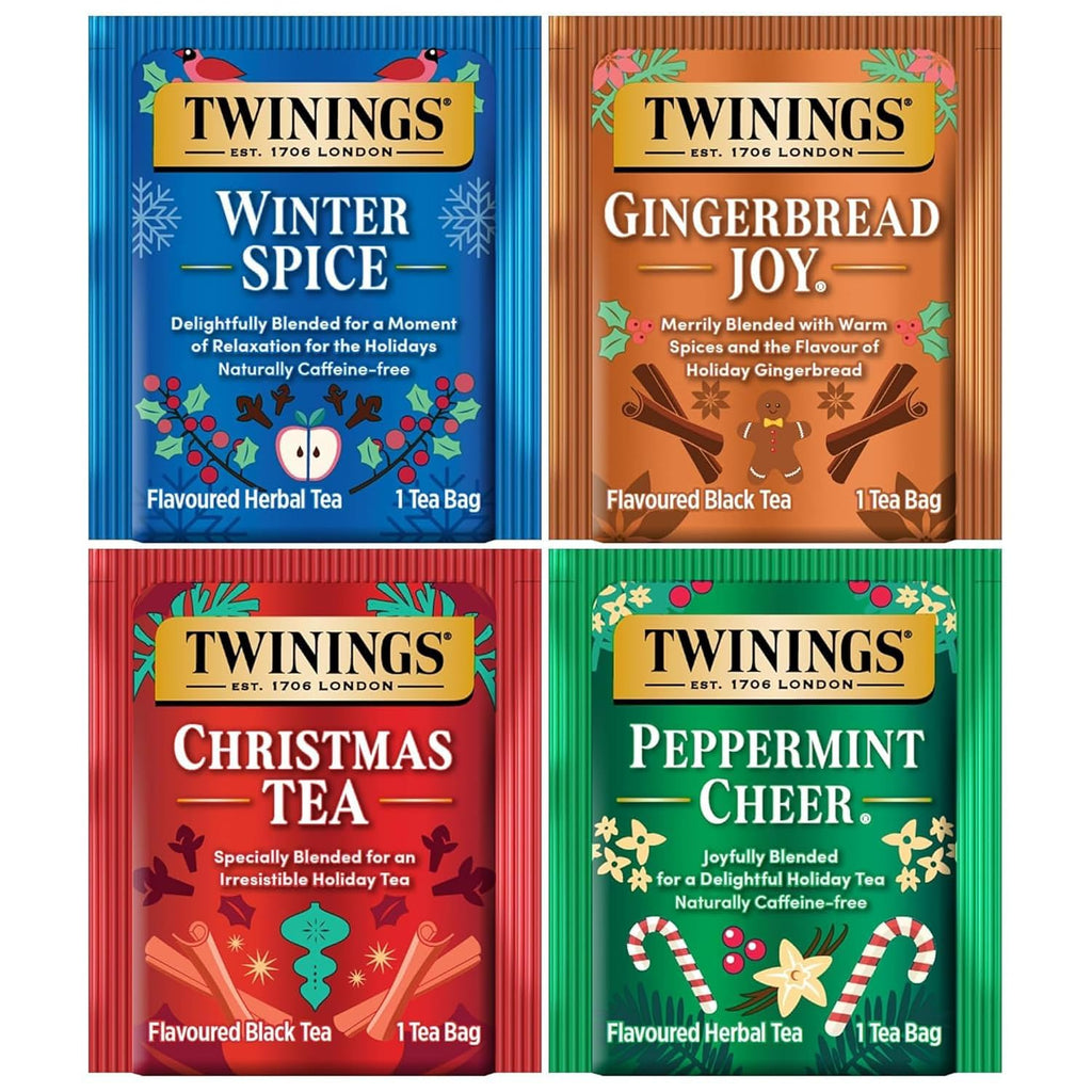 Tea Holiday Variety 4-Pack – Caffeinated Christmas Tea and Gingerbread Joy, Naturally Caffeine-Free Peppermint Cheer and Winter Spice Tea Bags, 20 Count Each