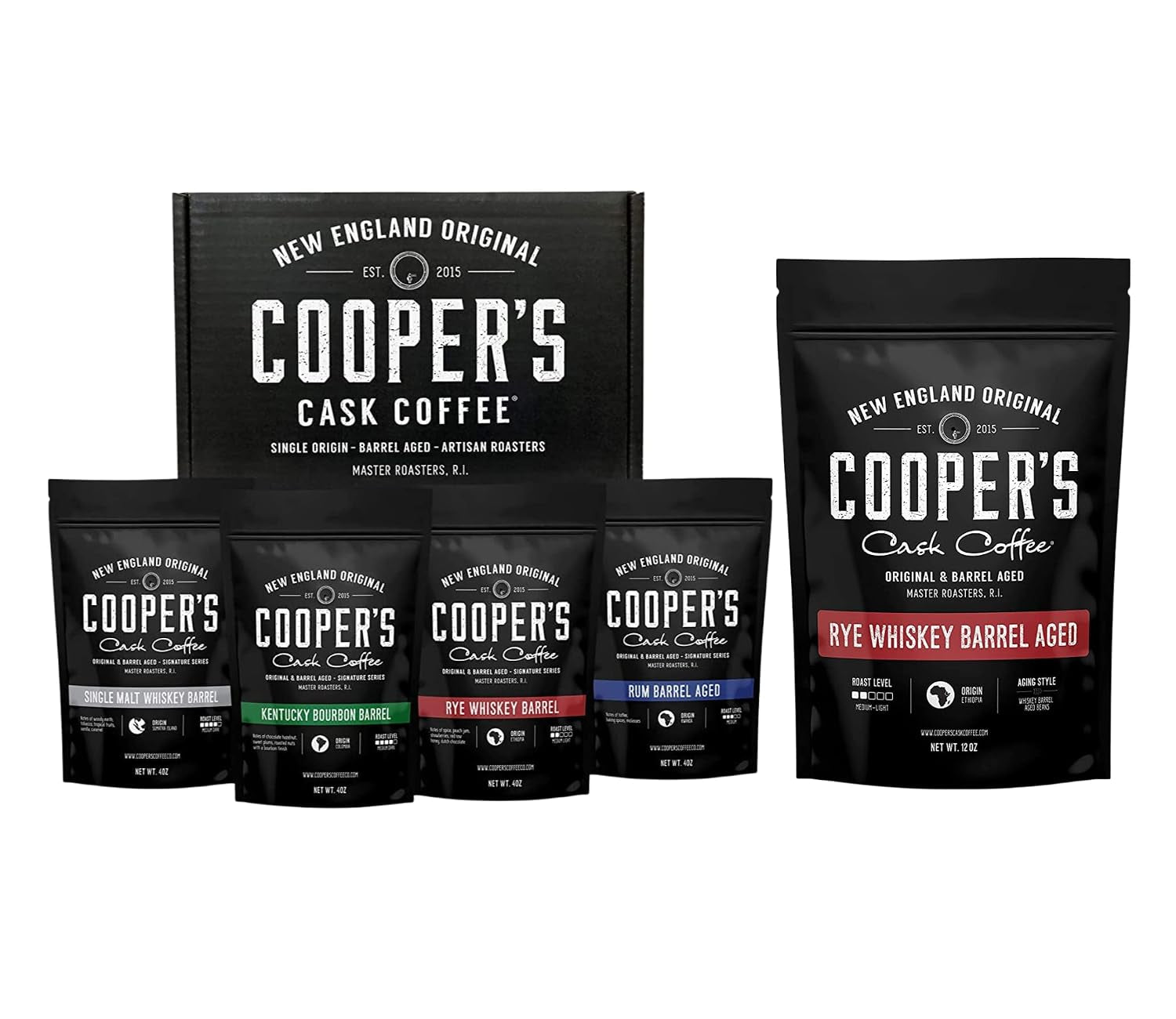Bourbon & Whiskey Barrel Aged Coffee - Ground - 4 Bag Coffee Set - 4Oz and Single Origin Ethiopian Ground Coffee - 12 Oz