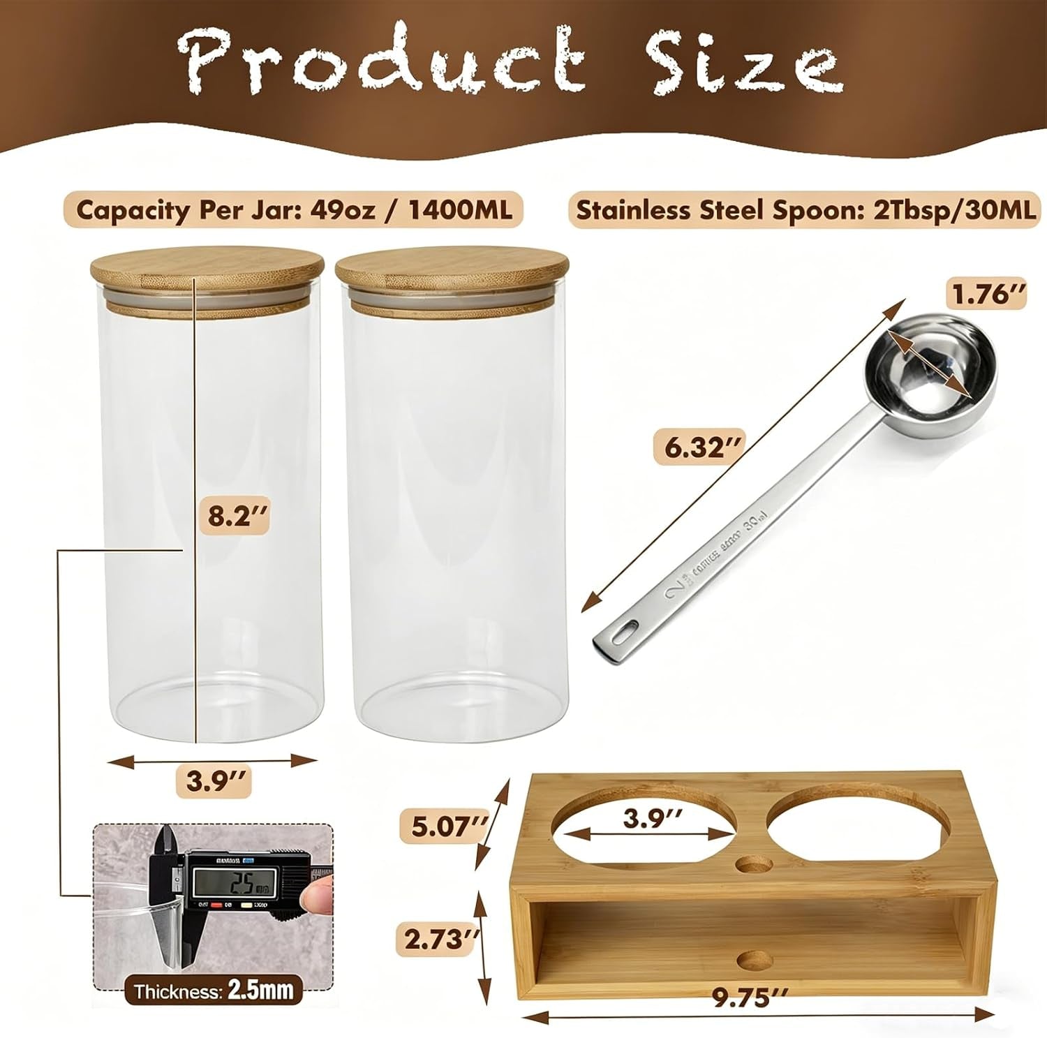 Glass Coffee Containers with Shelf - Coffee Bar Organizer and Accessories, Coffee Jars with Spoon, 2X 49Oz Airtight Sealed Coffee Canister for Coffee Bean, Ground Coffee, Nuts
