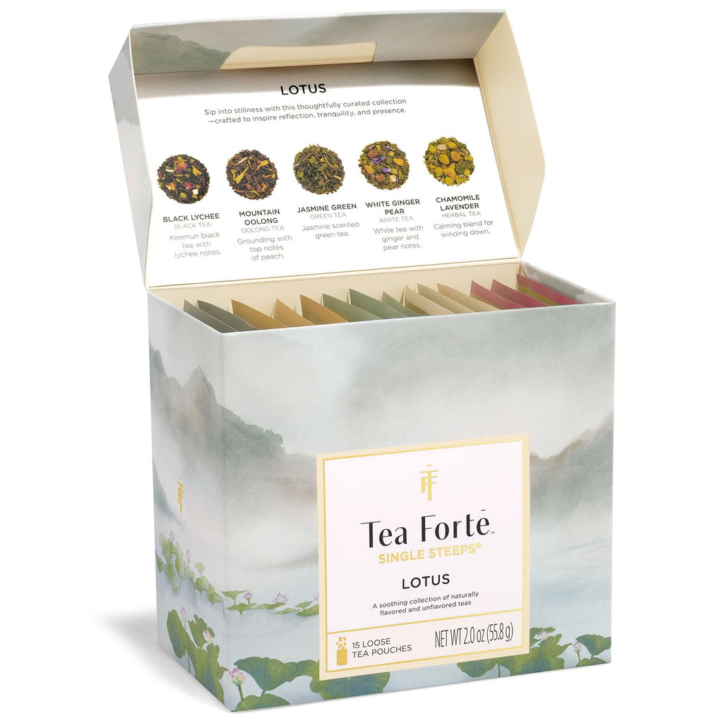 Single Steeps Tea Sampler, Lotus, 15 Pouches | 15 Single Serve Loose Leaf Bags - Premium Handcrafted Tea Blends - Giftable Presentation Box