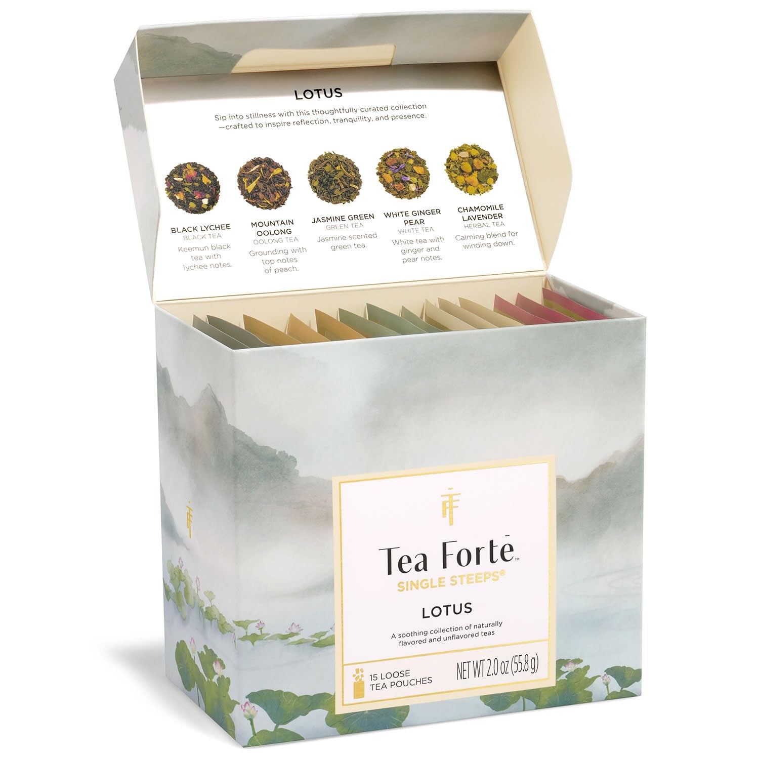 Single Steeps Tea Sampler, Lotus, 15 Pouches | 15 Single Serve Loose Leaf Bags - Premium Handcrafted Tea Blends - Giftable Presentation Box