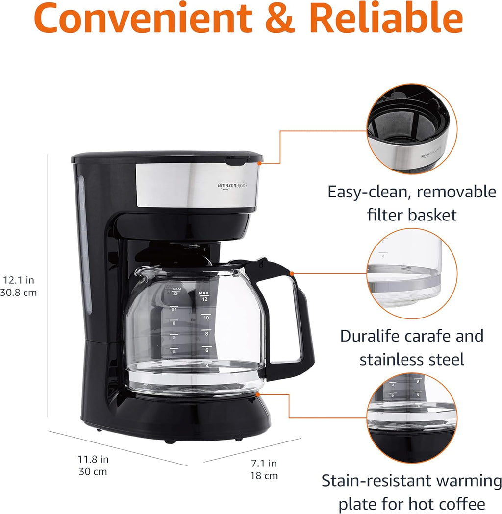 Coffee Makers, 12-Cup Coffee Machines with Reusable Filter, Coffee Pots, Black & Stainless Steel
