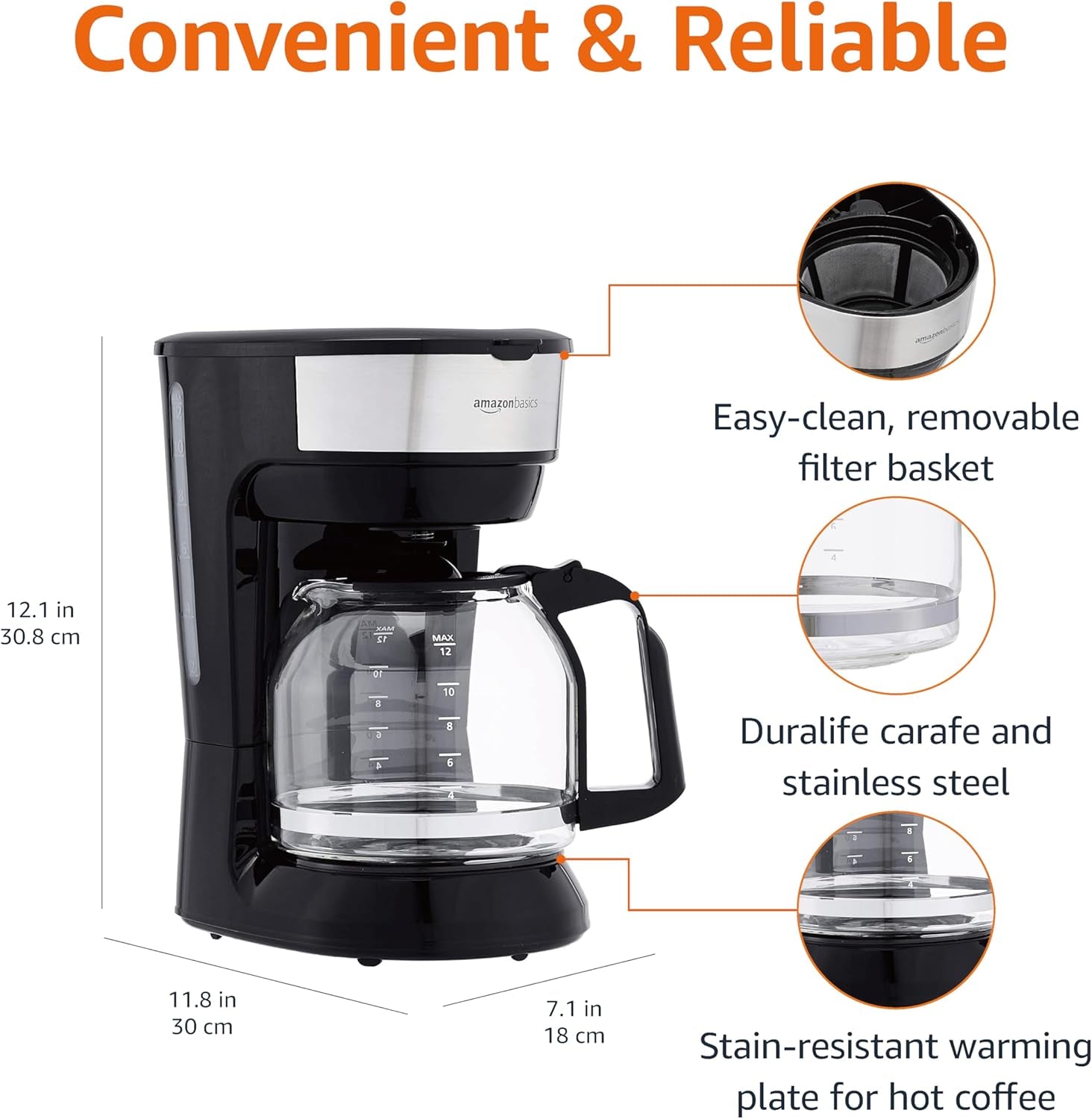 Coffee Makers, 12-Cup Coffee Machines with Reusable Filter, Coffee Pots, Black & Stainless Steel
