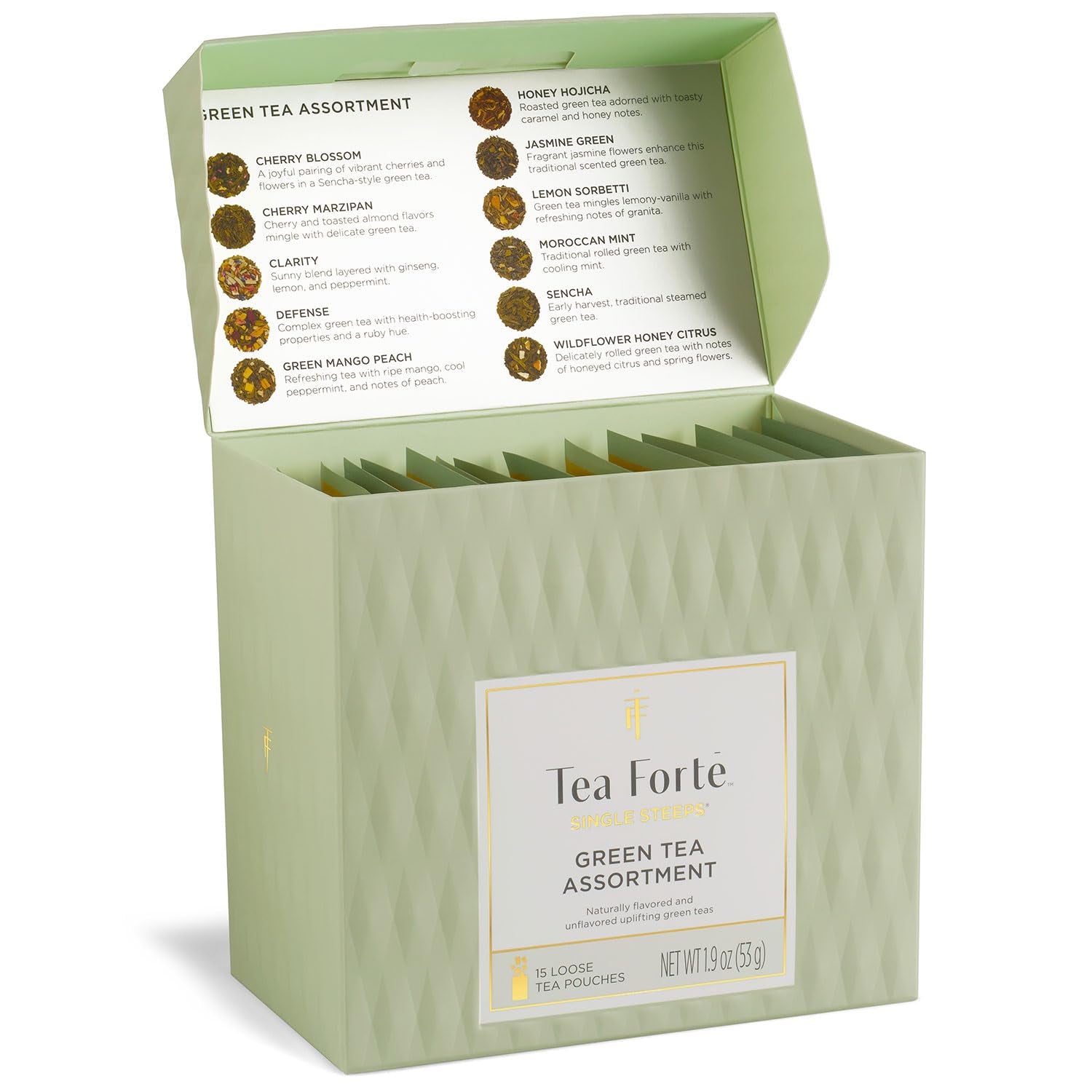 Single Steeps Tea Sampler, Green, 15 Pouches | 15 Single Serve Loose Leaf Bags - Premium Handcrafted Tea Blends - Giftable Presentation Box