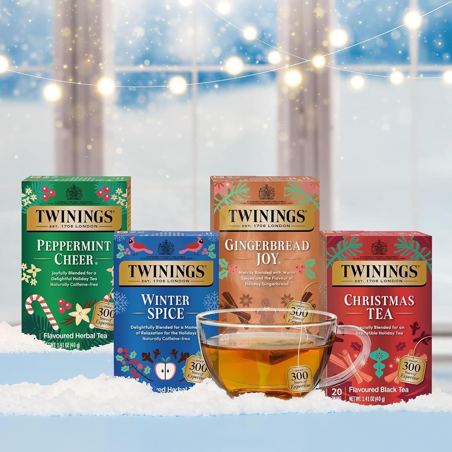 Tea Holiday Variety 4-Pack – Caffeinated Christmas Tea and Gingerbread Joy, Naturally Caffeine-Free Peppermint Cheer and Winter Spice Tea Bags, 20 Count Each