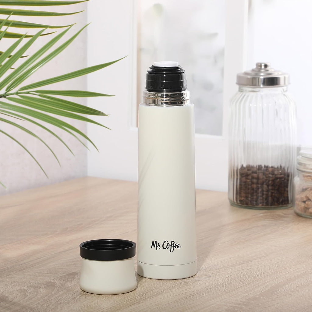 Mr. Coffee Silverleaf 23 Oz Stainless Steel Thermal Bottle – Double Wall Vacuum Insulated Travel Mug with Leak-Proof Lid, White – Hot & Cold Beverage Flask for Work, Commute, or Camping