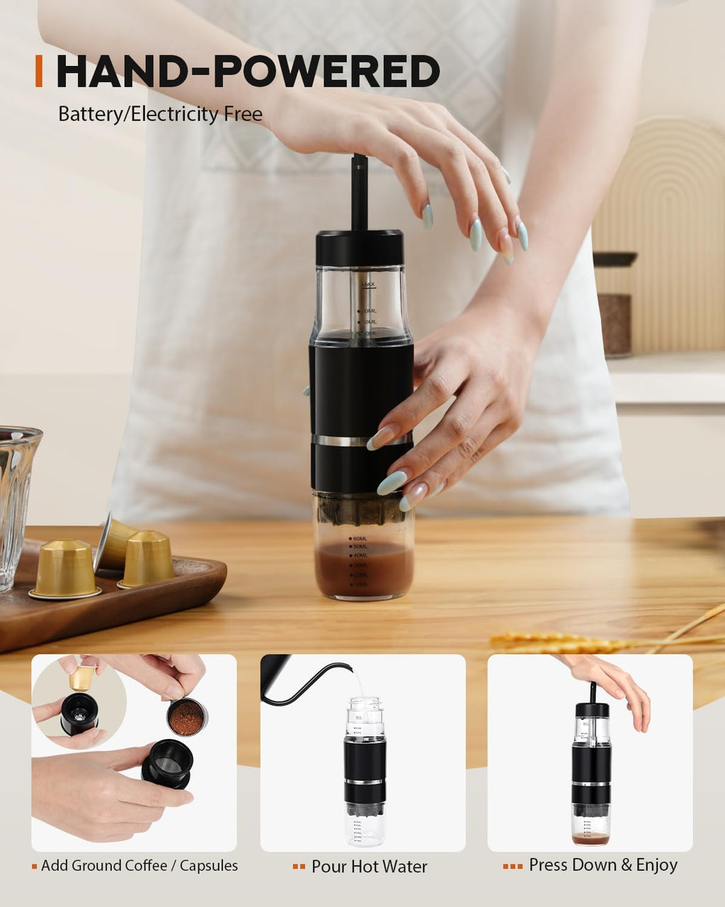 Portable Coffee Maker for Travel & Camping, Travel Lightweight Coffee Machines, Manually Operated, Compatible with Ground Coffee & NS Capsule Black (1Pcs)