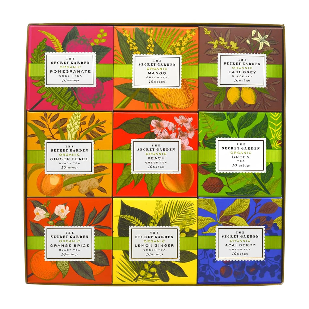 the Secret Garden 90 Tea Bags Tea Gift Set 9 Flavors Tea Set Organic Peach Pomegranate Mango Lemon Ginger Acai Berry Green Teas Orange Spice Ginger Peach Earl Grey Black Assorted Pack for Women