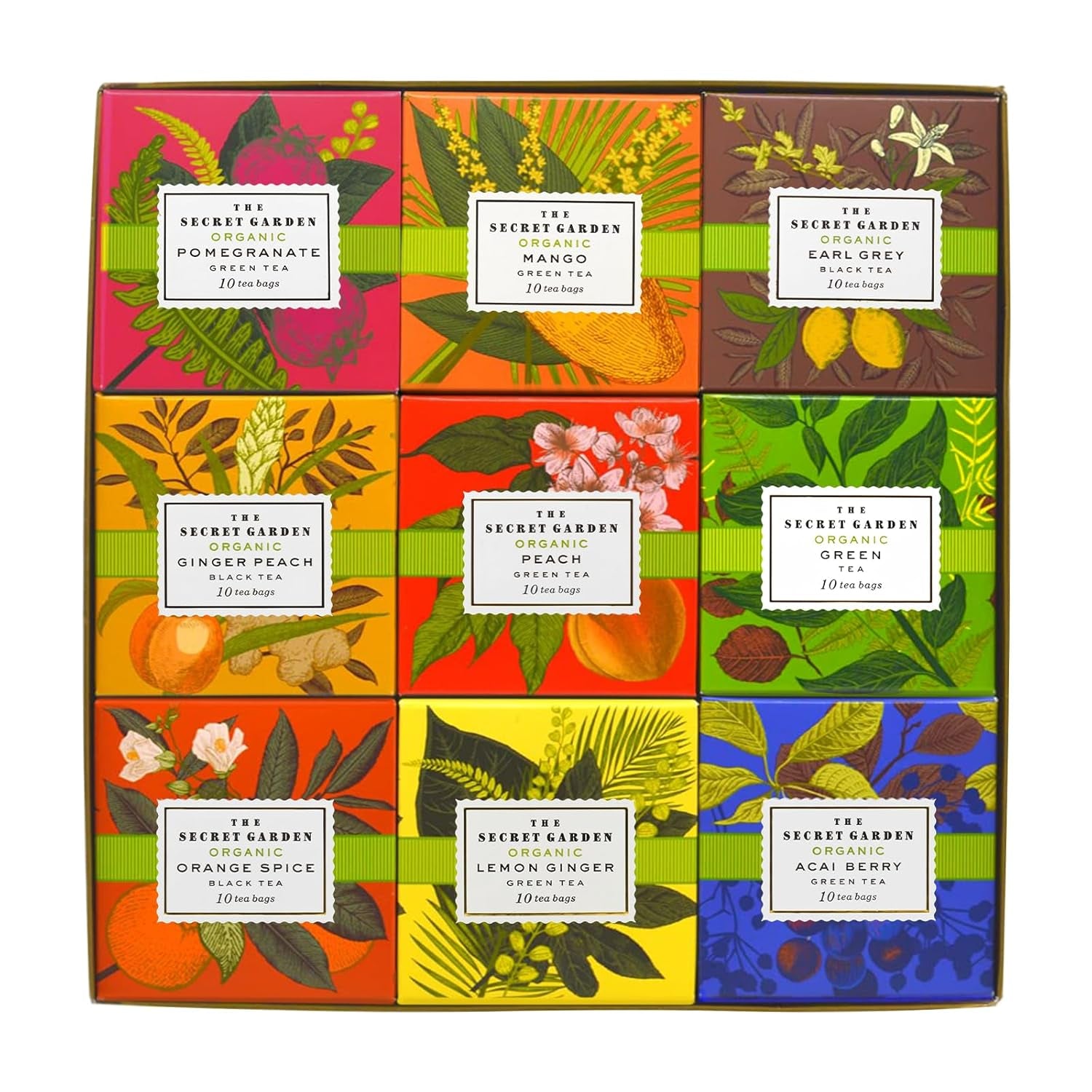 the Secret Garden 90 Tea Bags Tea Gift Set 9 Flavors Tea Set Organic Peach Pomegranate Mango Lemon Ginger Acai Berry Green Teas Orange Spice Ginger Peach Earl Grey Black Assorted Pack for Women