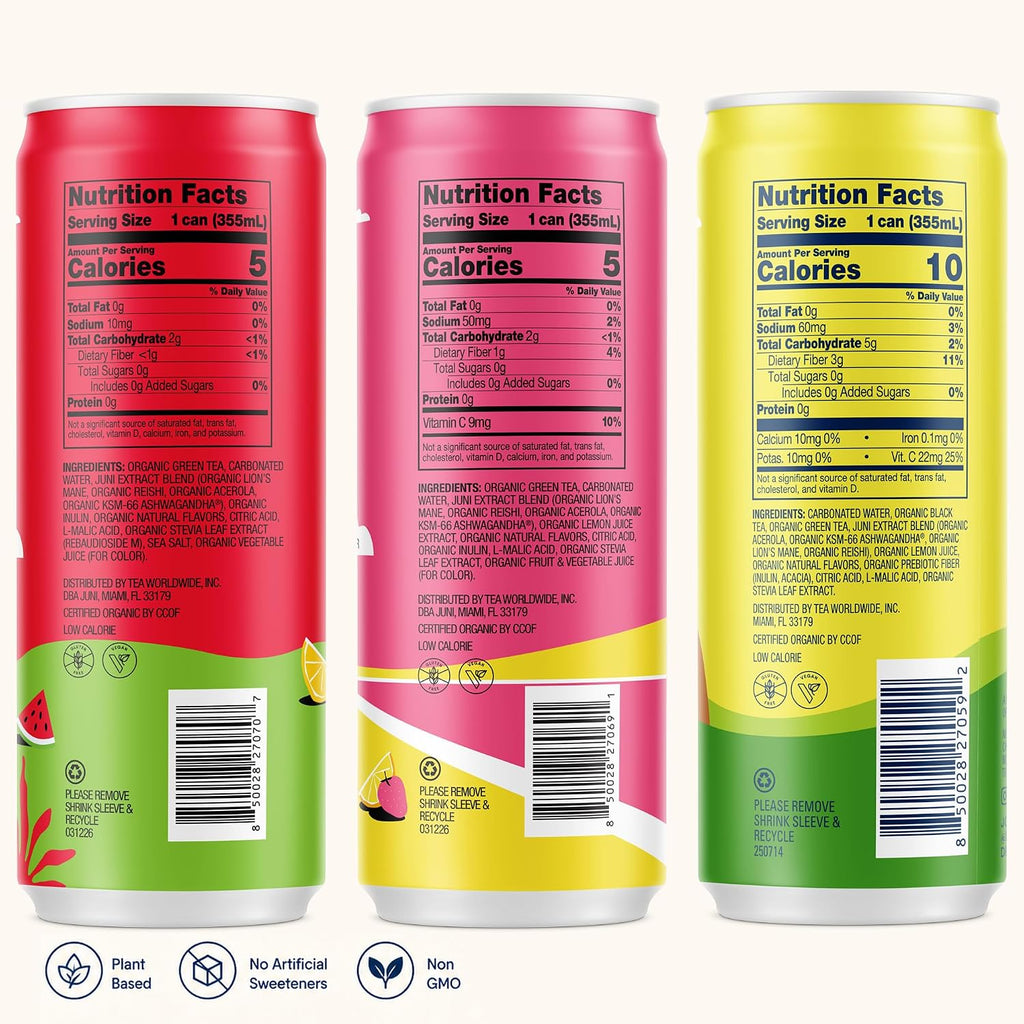 Sparkling Adaptogen Drink with Ashwagandha, Lion’S Mane & Reishi Mushrooms, Green Tea for Focus, Zero Sugar, Strawberry, Watermelon, Lemonade Iced Tea, Variety Pack, 12-Pack