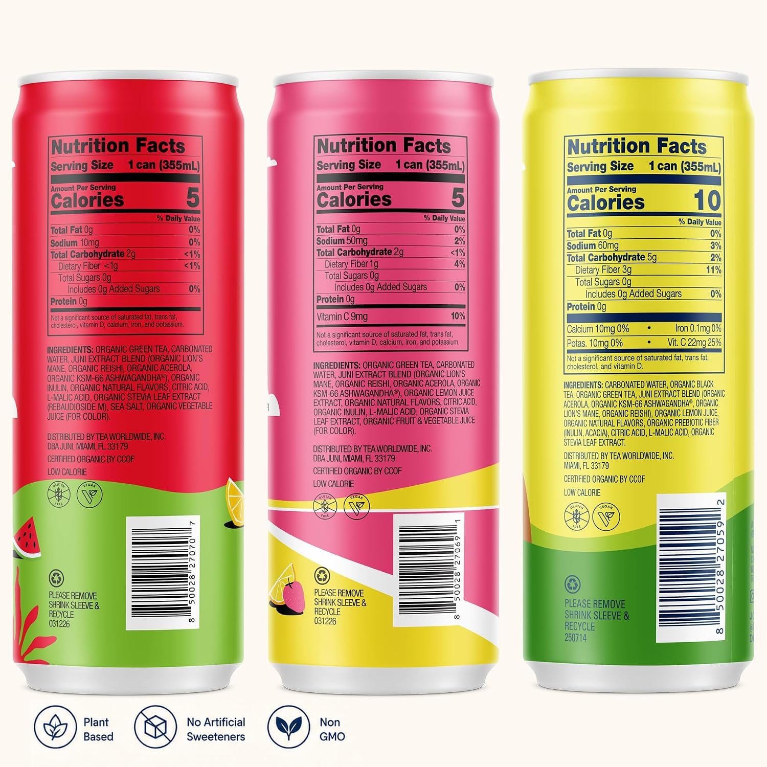 Sparkling Adaptogen Drink with Ashwagandha, Lion’S Mane & Reishi Mushrooms, Green Tea for Focus, Zero Sugar, Strawberry, Watermelon, Lemonade Iced Tea, Variety Pack, 12-Pack