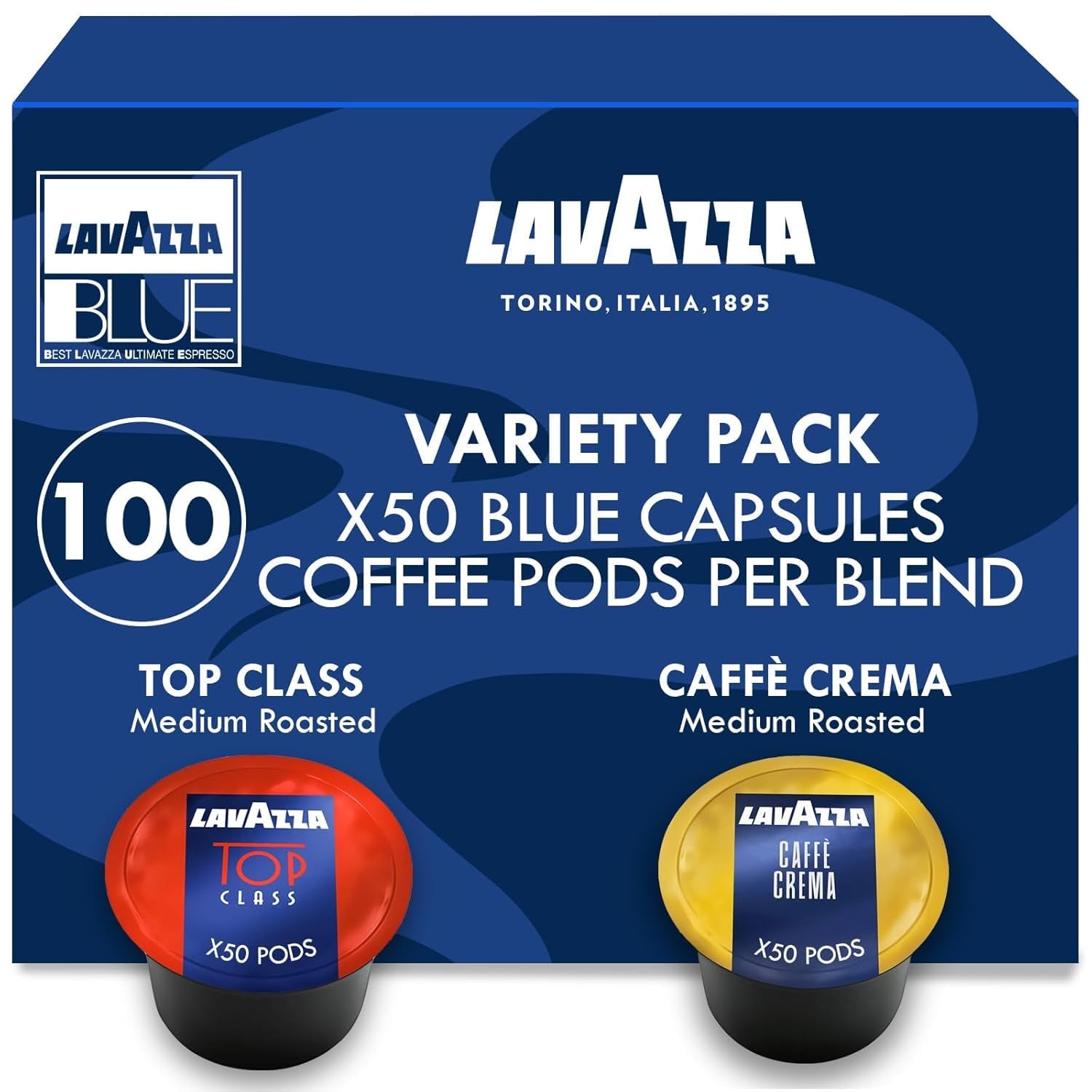 Blue Coffee Capsules Variety Pack – 100 Count (50 Pods Each) – Includes Top Class & Caffè Crema Blends – Compatible with  LB Espresso Machines Only – Premium Italian Coffee
