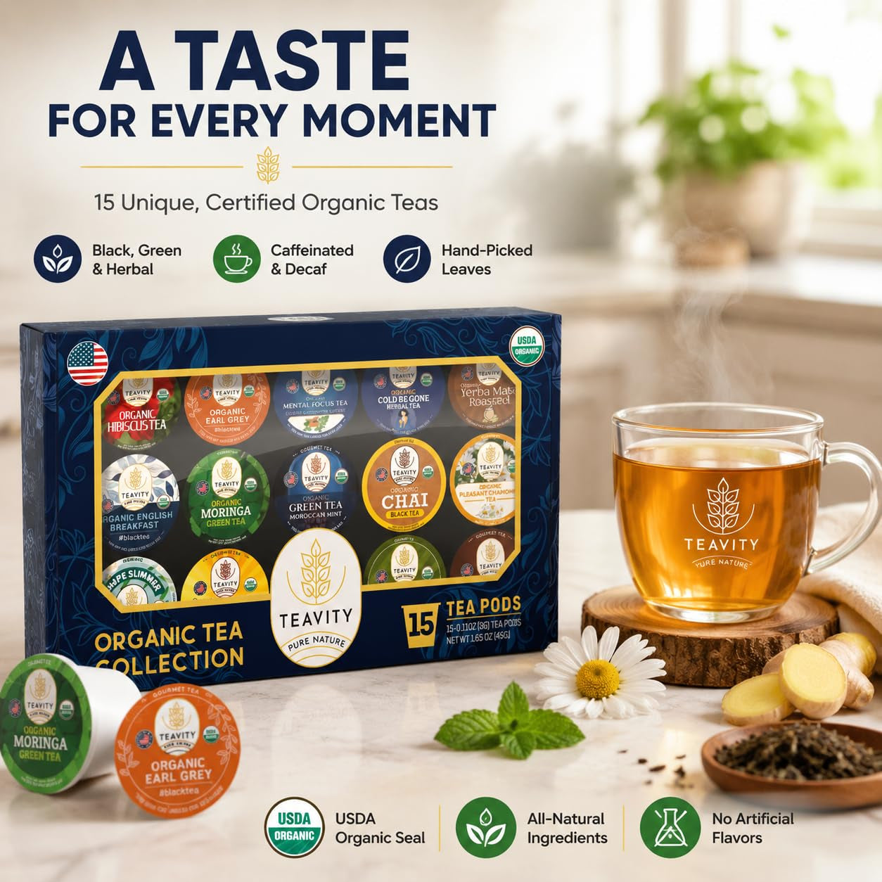 Organic Tea Pods Variety Pack - Assorted Sampler Pack Compatible for Keurig Brewer and Coffee Maker - Earl Grey, English Breakfast, Chai, Chamomile - Herbal Tea Pod for K Cup Keurig Brewing -15 Count (Pack of 1) by