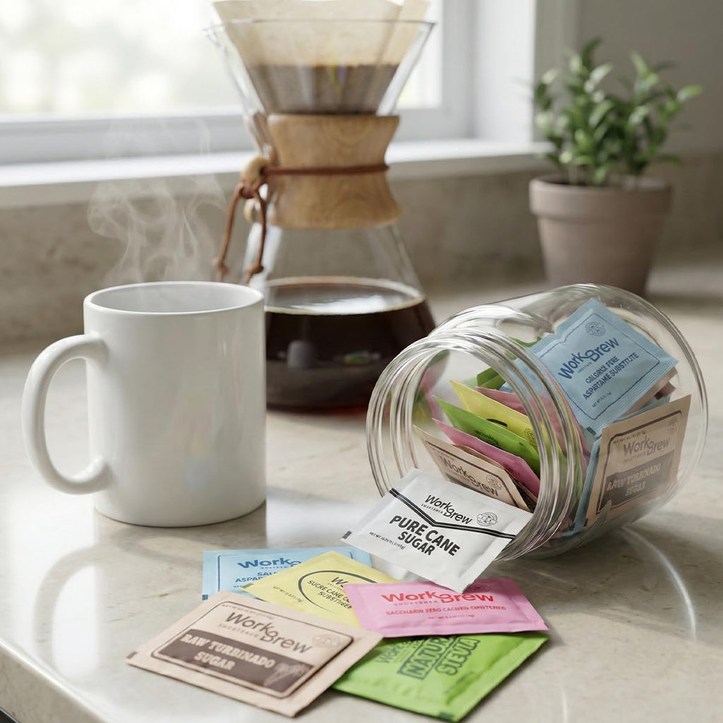 Sweetener Packets Variety Pack with Stirrers, 200 Count, Individually Wrapped Coffee Sweeteners, Stevia, Cane Sugar, Raw Sugar, Sucralose, Aspartame, Saccharin; Kosher Certified, Made in USA.