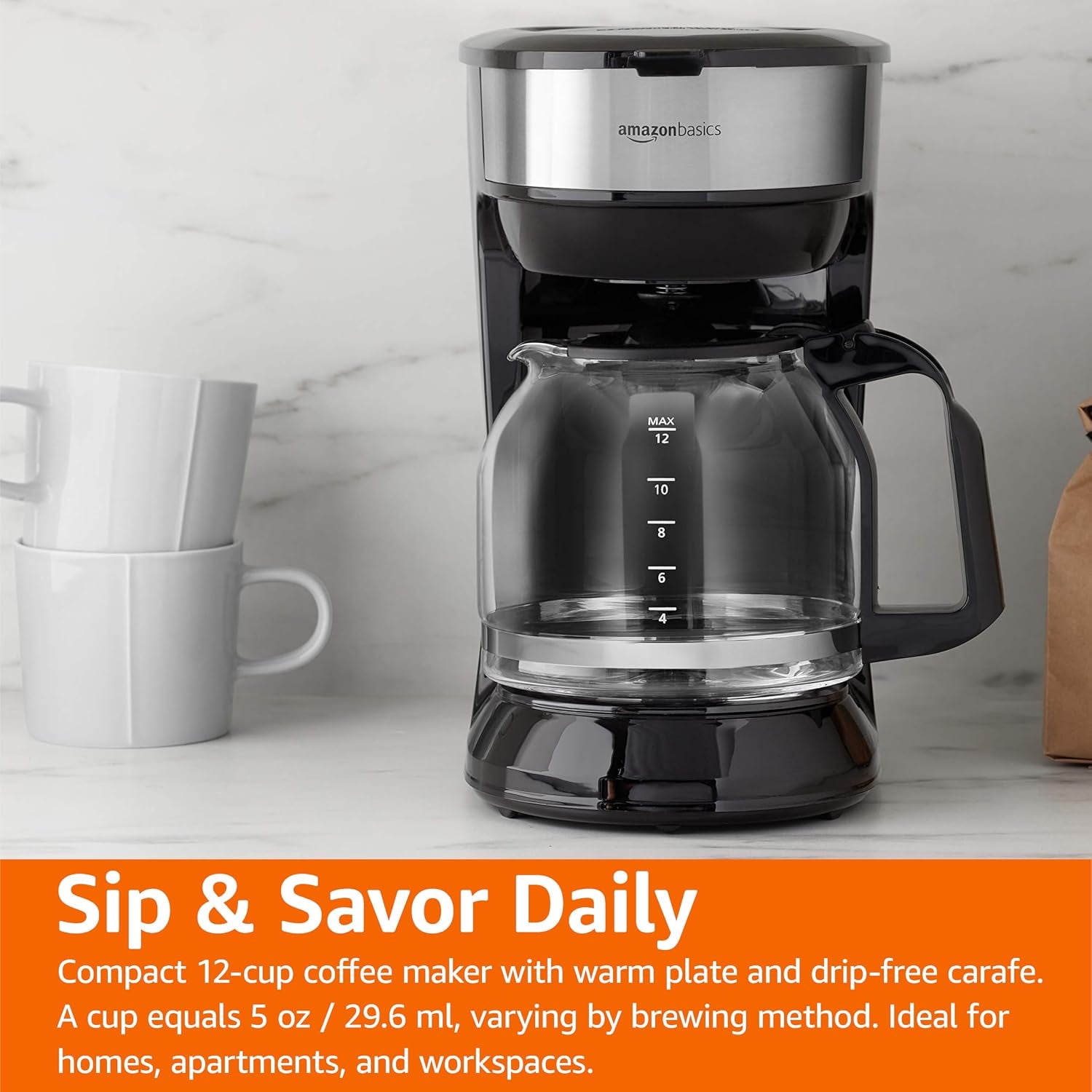 Coffee Makers, 12-Cup Coffee Machines with Reusable Filter, Coffee Pots, Black & Stainless Steel