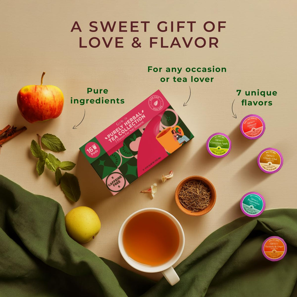 Purely Herbal Tea Pod Gift Set (16 Count) - 7 Flavors Assorted Variety Pack | Chamomile Lavender, Peppermint, Chai, Citrus Ginger, Turmeric Ginger, Cinnamon Apple, Hibiscus, Tea Sampler, Non-Gmo