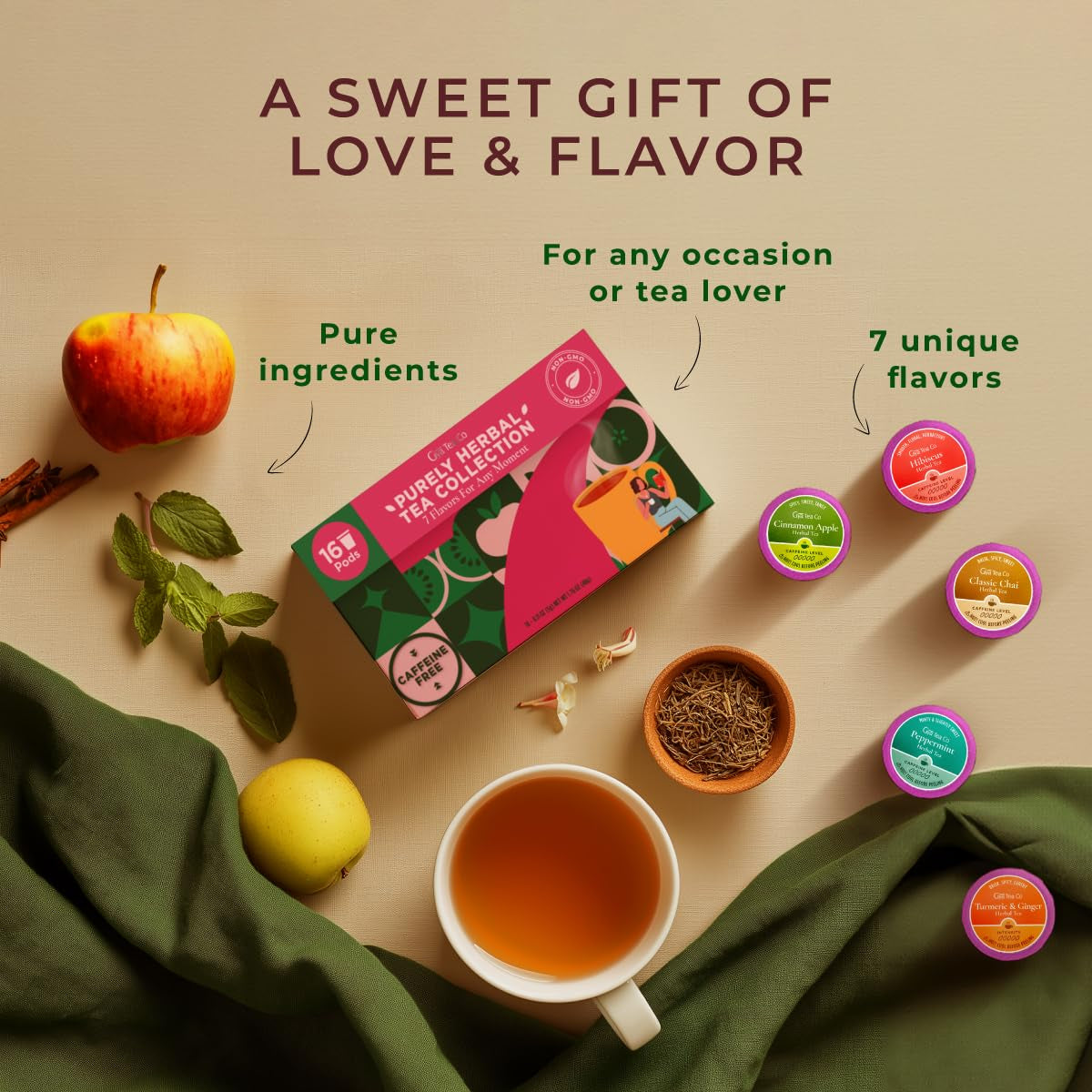 Purely Herbal Tea Pod Gift Set (16 Count) - 7 Flavors Assorted Variety Pack | Chamomile Lavender, Peppermint, Chai, Citrus Ginger, Turmeric Ginger, Cinnamon Apple, Hibiscus, Tea Sampler, Non-Gmo