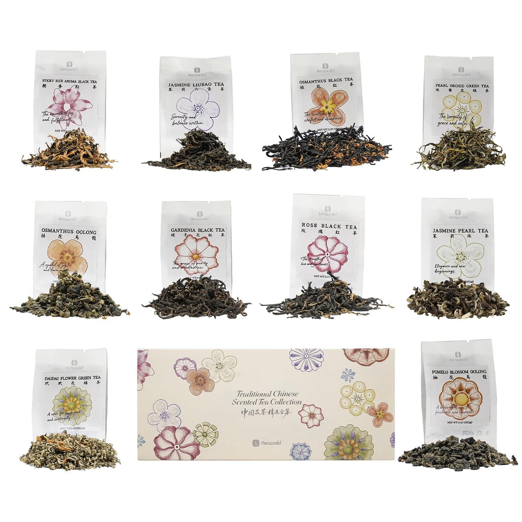 Chinese 10 Naturally Floral Loose Leaf Tea Sampler Gift Set,3.5Oz | up to 250 Cups|Rose Black Tea,Jasmine Green Tea Ect.|No Artificial Flavoring|Each Flavor 2 Packs|Great Tea Bags Variety Pack