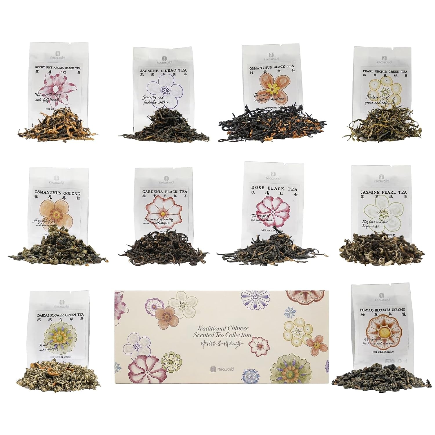 Chinese 10 Naturally Floral Loose Leaf Tea Sampler Gift Set,3.5Oz | up to 250 Cups|Rose Black Tea,Jasmine Green Tea Ect.|No Artificial Flavoring|Each Flavor 2 Packs|Great Tea Bags Variety Pack