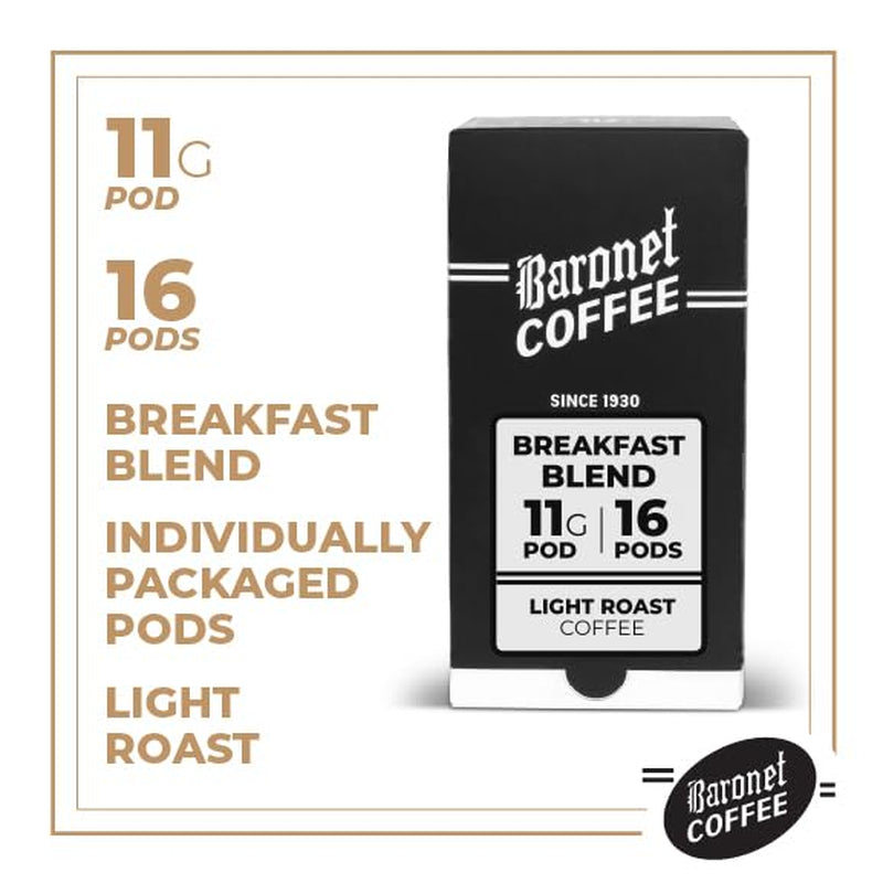 11 Gram Pods Coffee Pods, Breakfast Blend, 16 Pods | Light Roast, 100% Arabica Coffee, Regular Strength, 1 Box of 16 Individually Wrapped Single Serve Pods