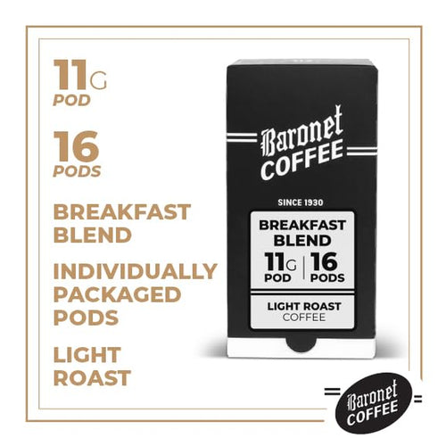 11 Gram Pods Coffee Pods, Breakfast Blend, 16 Pods | Light Roast, 100% Arabica Coffee, Regular Strength, 1 Box of 16 Individually Wrapped Single Serve Pods