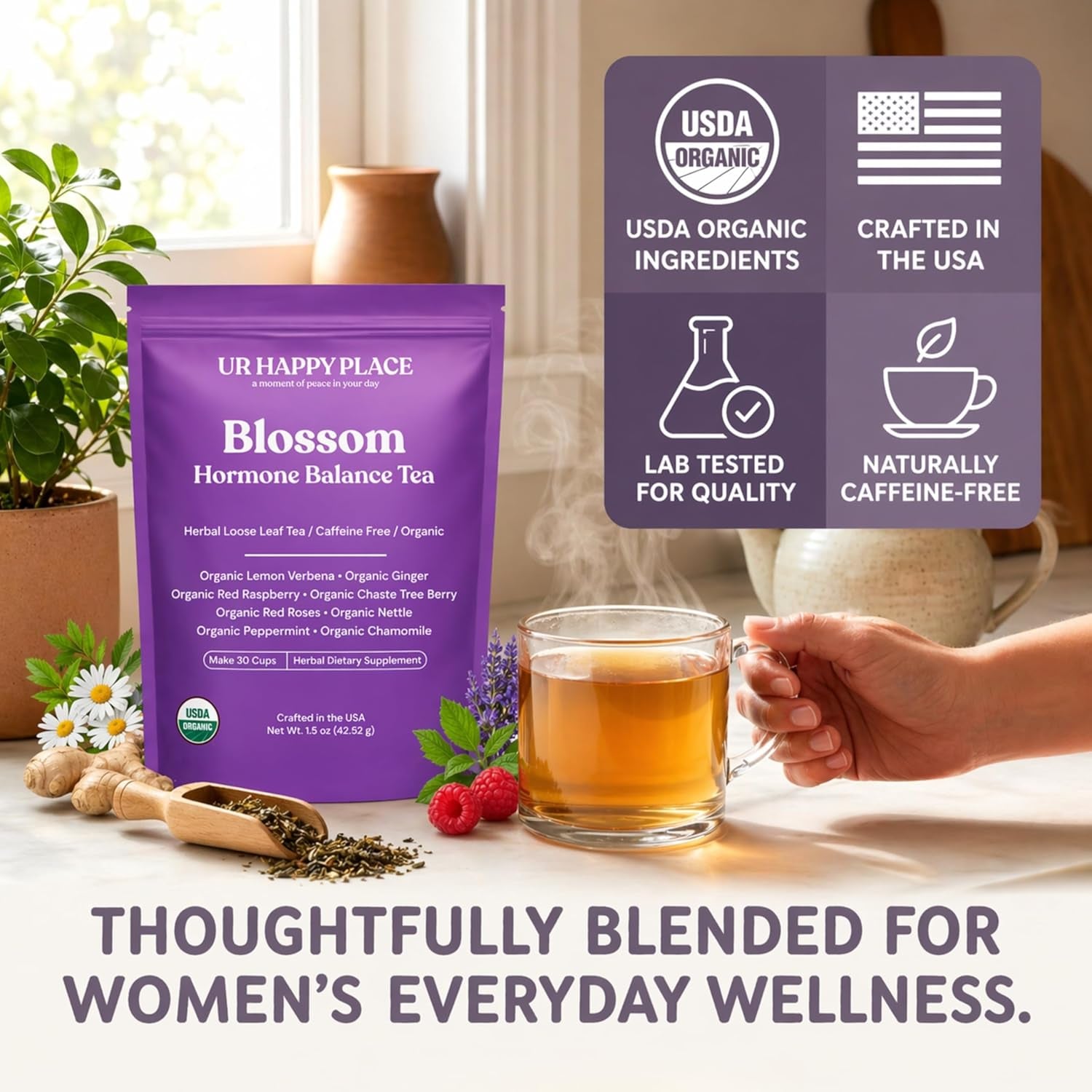 Hormone Balance Tea for Women, Organic Red Raspberry Leaf, Caffeine Free | Hormone Balance Support – Chaste Tree Berry, Chamomile, Nettle, Peppermint & Ginger Loose Leaf Tea, USDA Certified, USA Made.