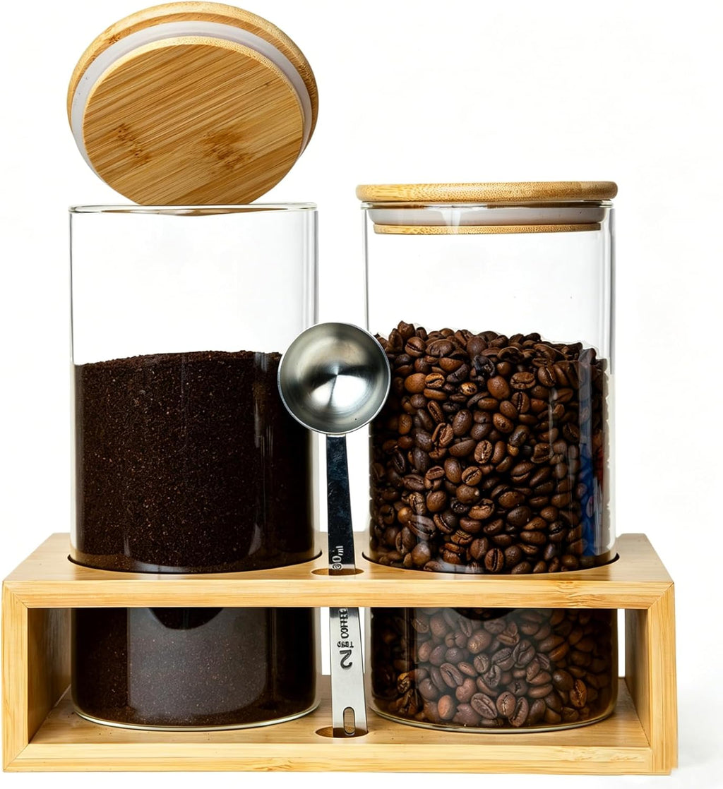 Glass Coffee Containers with Shelf - Coffee Bar Organizer and Accessories, Coffee Jars with Spoon, 2X 49Oz Airtight Sealed Coffee Canister for Coffee Bean, Ground Coffee, Nuts