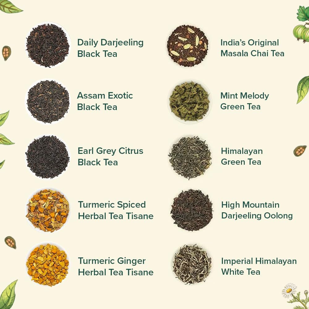 Top 10 Favourites Tea Sampler Set | Loose Leaf Tea (50+ Cups) | Tea Variety Pack with Green, Herbal, Black & Chai Brew | Vacuum Sealed for Freshness | Brew Hot & Col