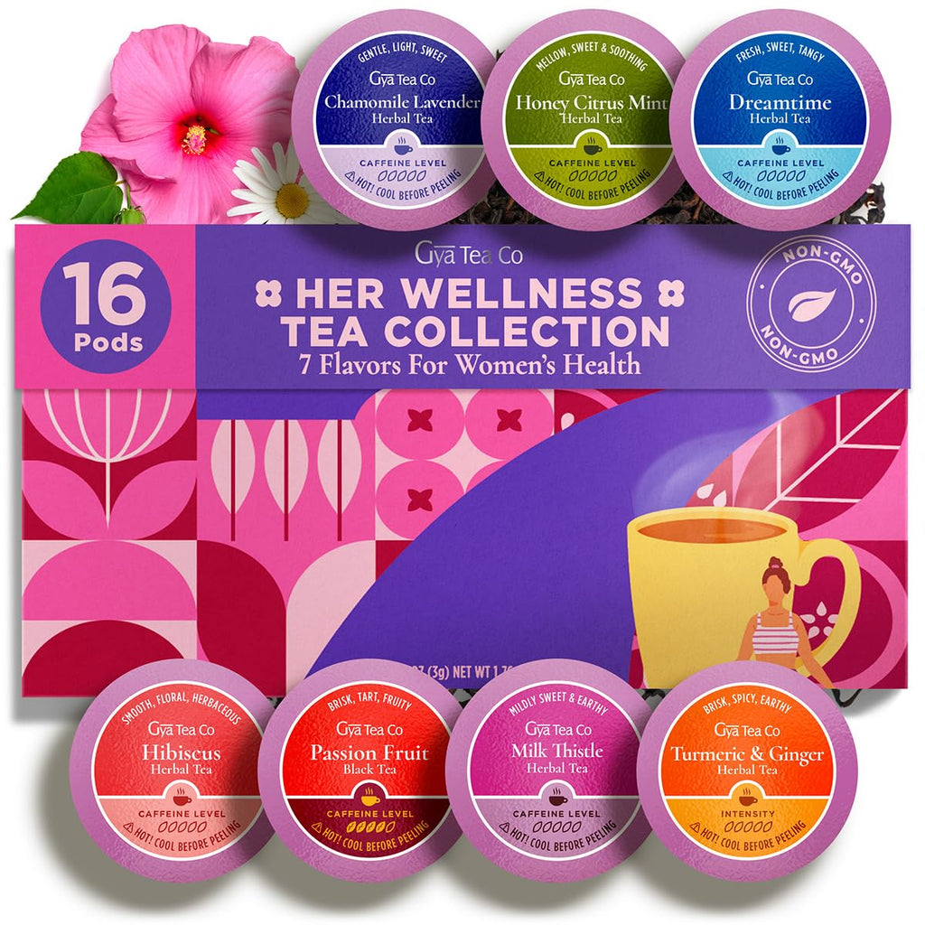 Her Wellness Tea Pod Gift Set (16 Count) - 7 Flavors Assorted Variety Pack | Chamomile Lavender, Citrus Mint, Turmeric Ginger, Hibiscus, Milk Thistle, Dreamtime, Passion Fruit, for Women, Non-Gmo