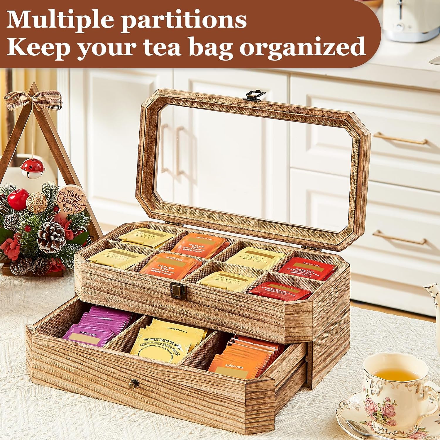 Tea Bag Organizer, Rust Wood 2 Layer Tea Box Organizer Storage | Christmas Gift Tea Bag Holder with Drawer Acrylic Window, Tea Organizer Caddy