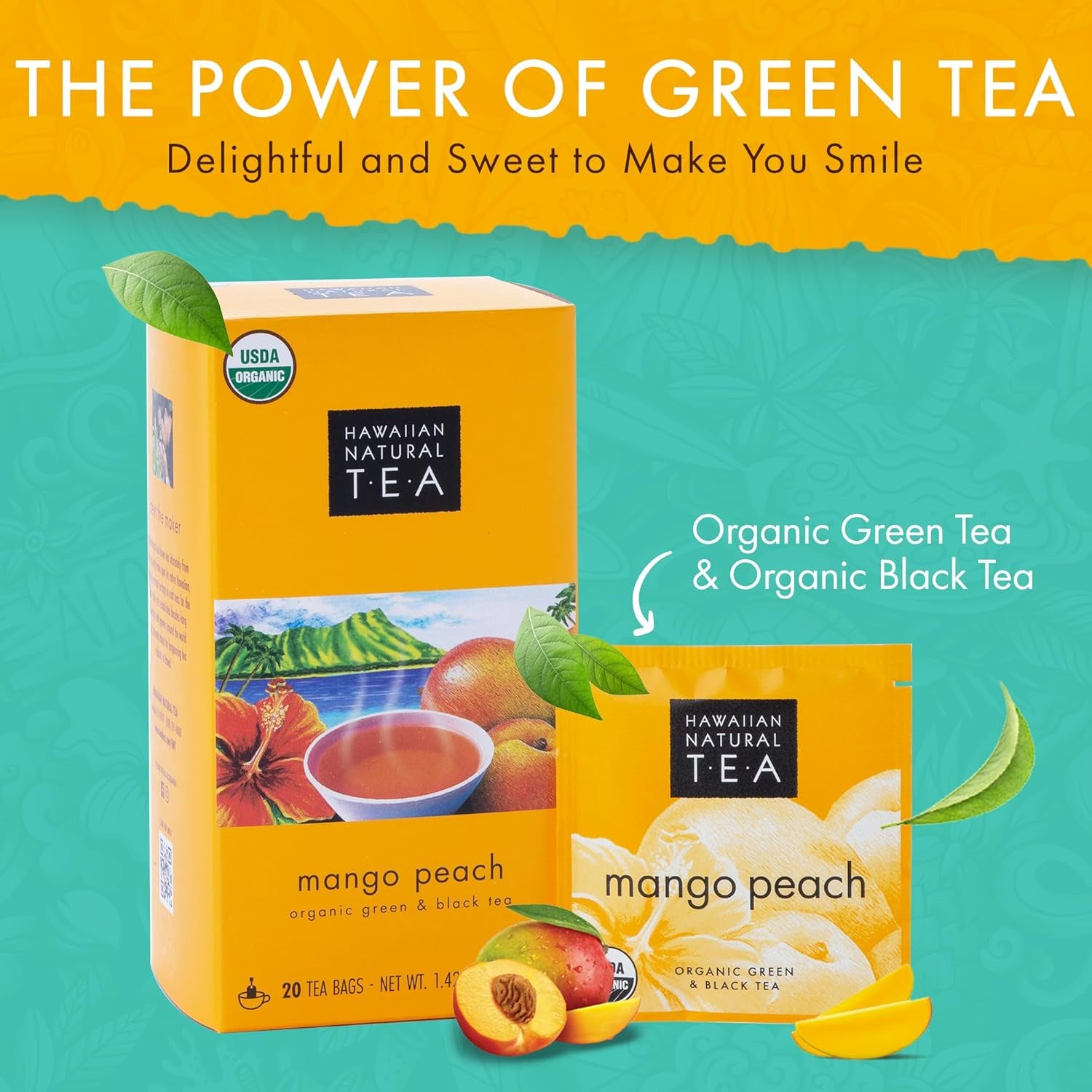 Hawaiian Natural Tea Organic Mango Peach Green & Black Tea Bags, 120 Count | USDA Organic, Non-Gmo, Gluten-Free, Keto, Vegan, Kosher – Perfect Hot or Iced – Low Caffeine – Plastic-Free Tea Bags