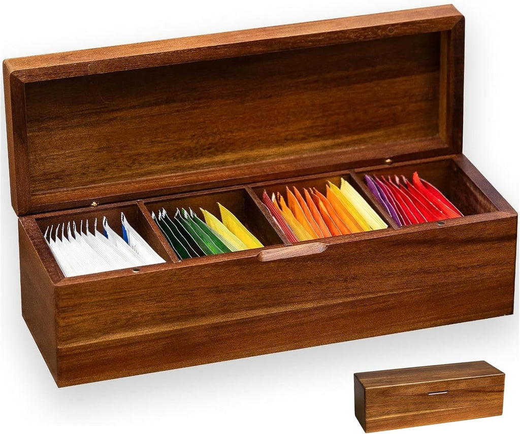 Wooden Tea Bag Organizers with 4 Compartments Tea Packet Storage Boxes & Display Caddy Tea Bag Holder for Countertop Storage