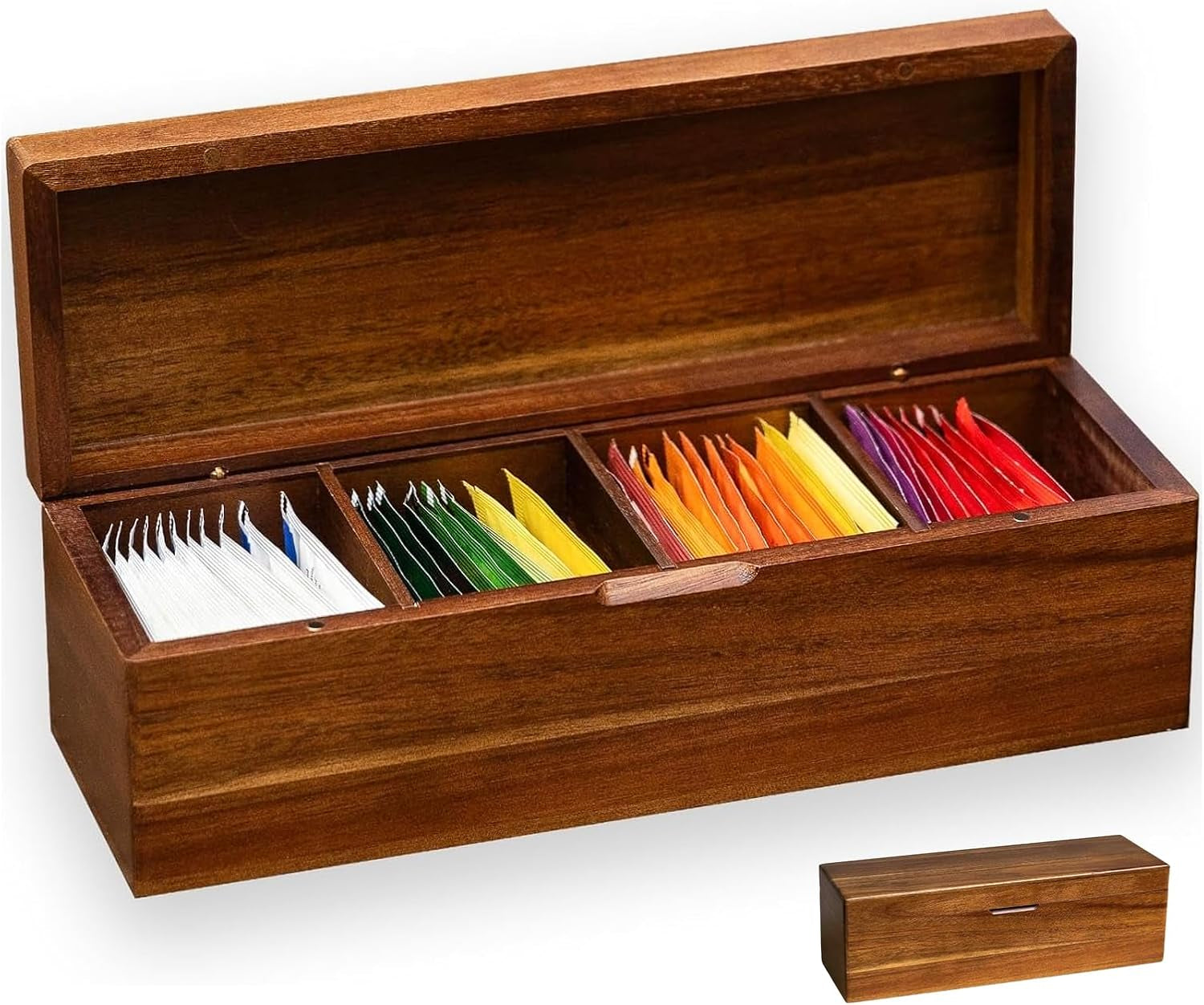Wooden Tea Bag Organizers with 4 Compartments Tea Packet Storage Boxes & Display Caddy Tea Bag Holder for Countertop Storage
