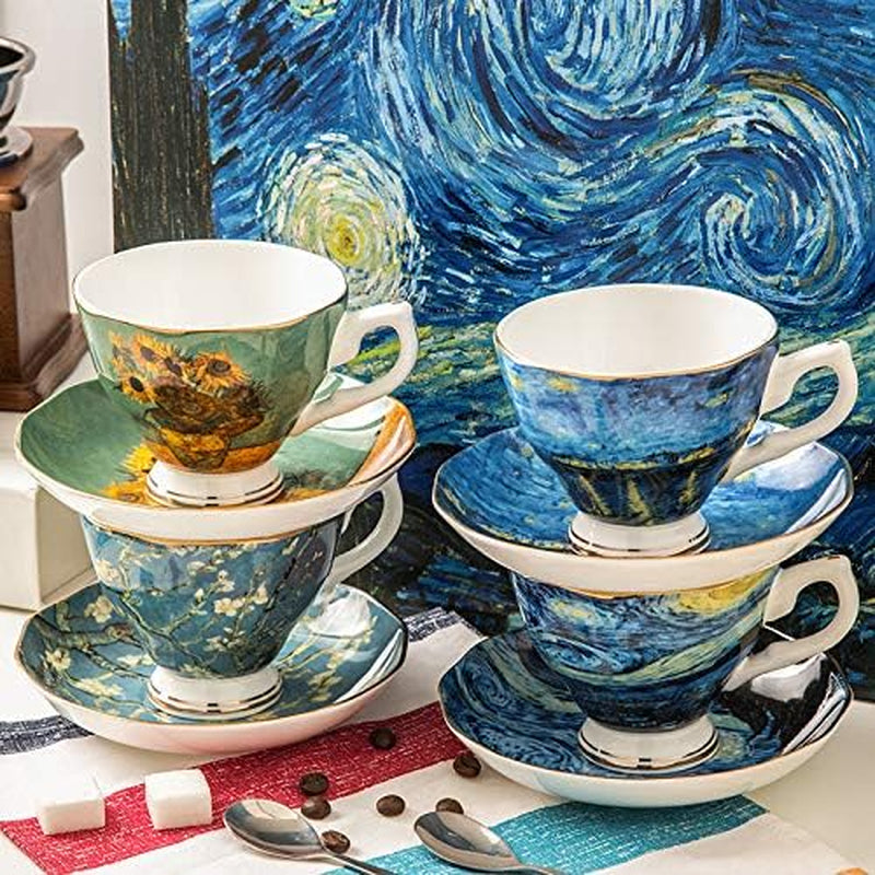 Van Gogh Tea Set, 4 Bone China Mugs, 8Oz, Gold-Lined Handles, Elegant Mug Set, Perfect for Gifting, Great for Tea Lovers, Stylish Design, for Home, Office, Special Occasions, Vincet Van Gogh Gifts