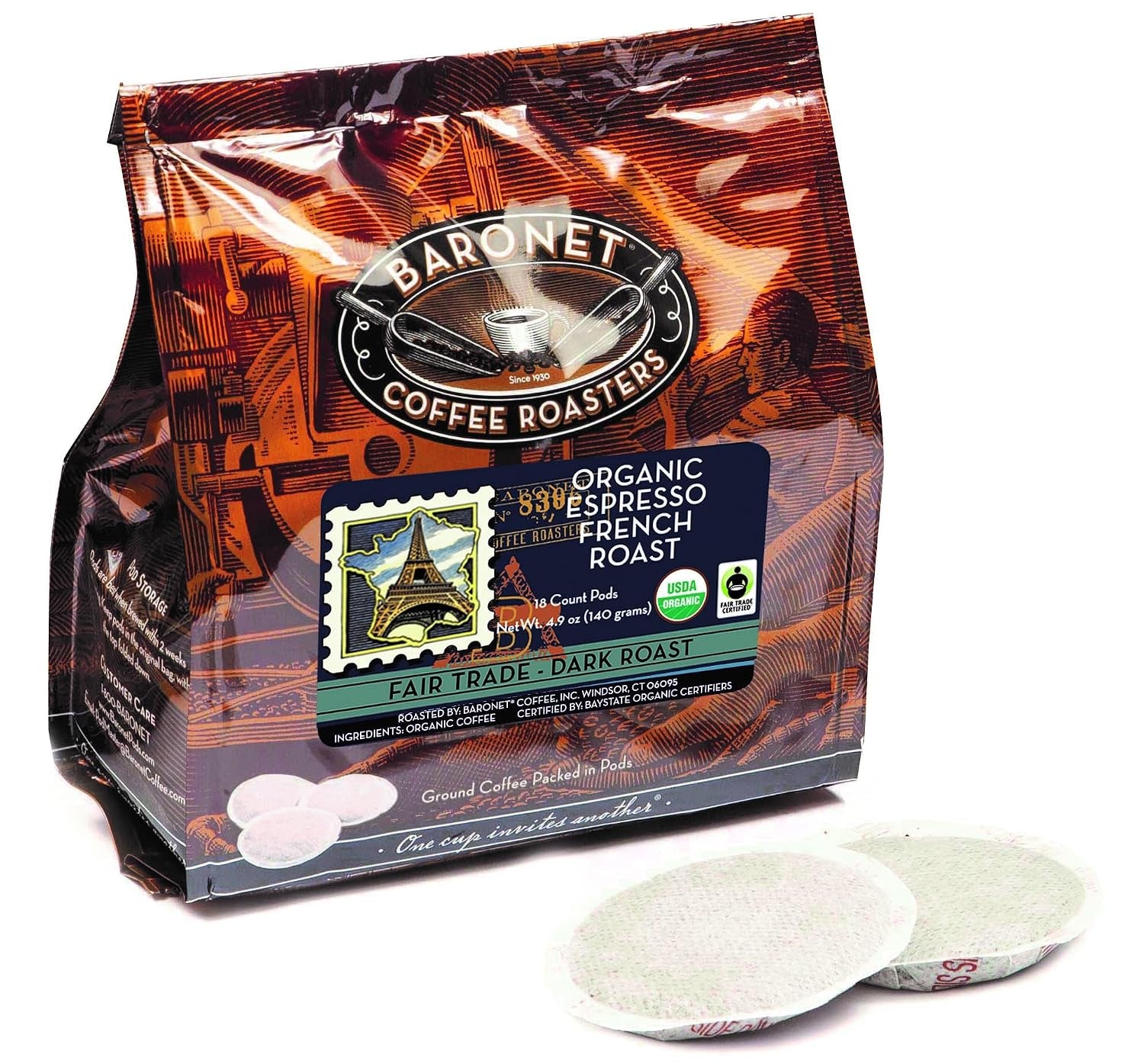 8 Gram Coffee Pods, Organic Espresso French Roast, 54 Pods | Dark Roast, 100% Arabica Coffee, Regular Strength, 3 Bags of 18 Single Serve Pods, Compatible with Senseo Coffee Machines