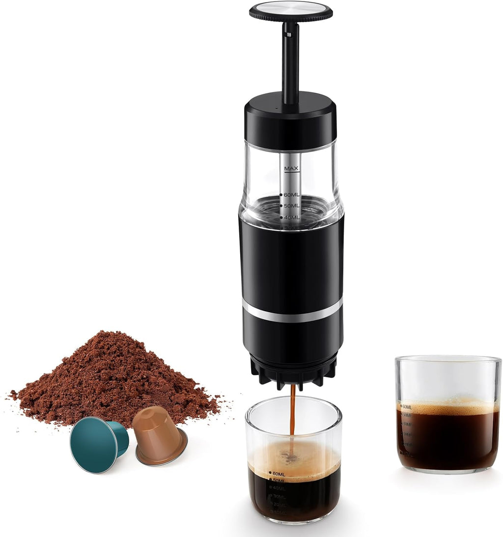 Portable Coffee Maker for Travel & Camping, Travel Lightweight Coffee Machines, Manually Operated, Compatible with Ground Coffee & NS Capsule Black (1Pcs)
